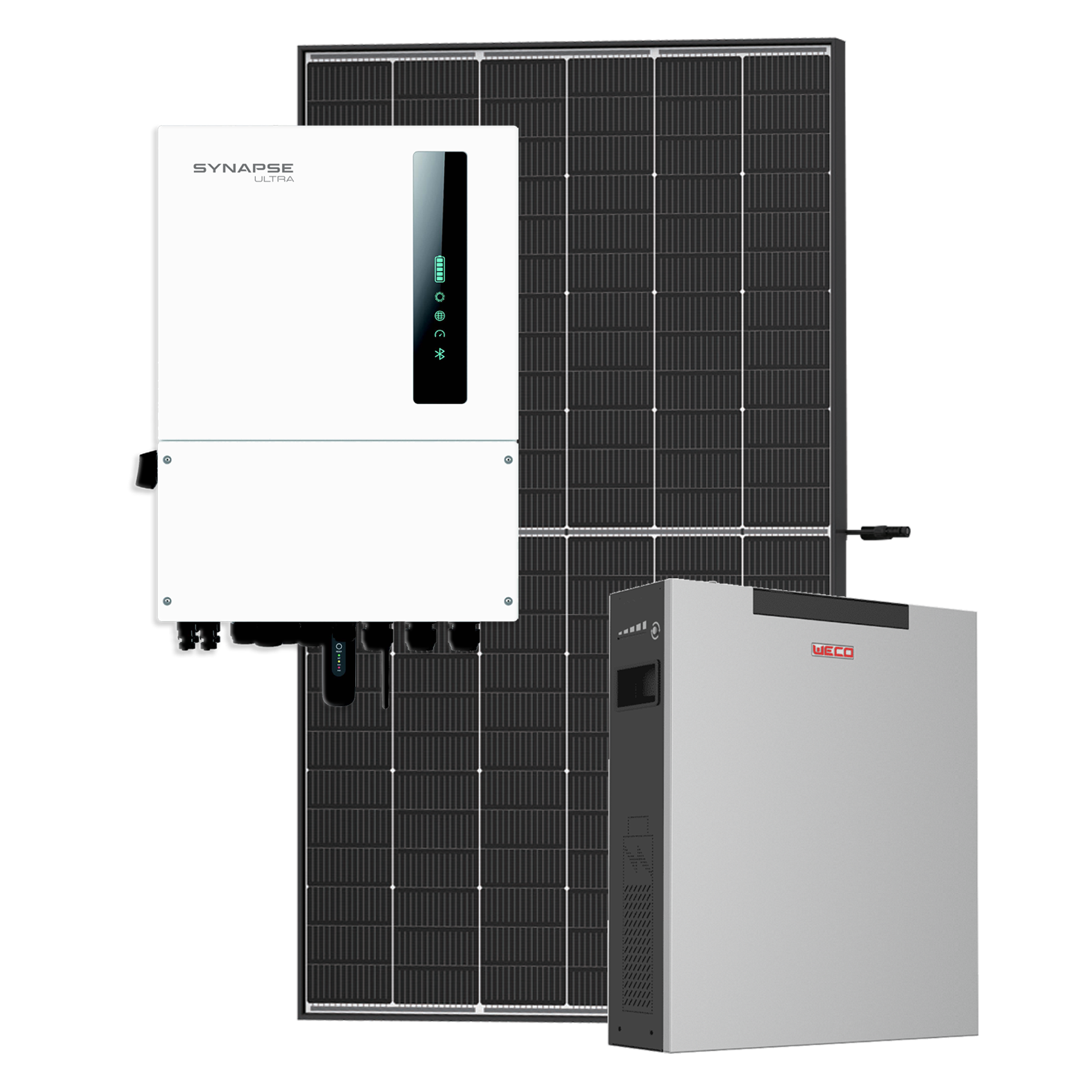 6kW Synapse Ultra, Power  4K4L Weco Core - PV & Battery Kit - 6kW Synapse Ultra Hybrid Inverter, 4K4L Weco  Power 48V  Battery and 6x 420W Trina panels